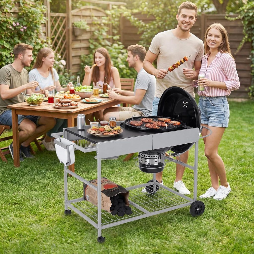 HAPPYGRILL Outdoor Grill Table for 18'& 22' Weber Original Kettle, Movable BBQ Grill Cart w/Wire Rack, Seasoning Rack & Garbage Can, Prep Kitchen Island w/Storage for Backyard Camping Picnic