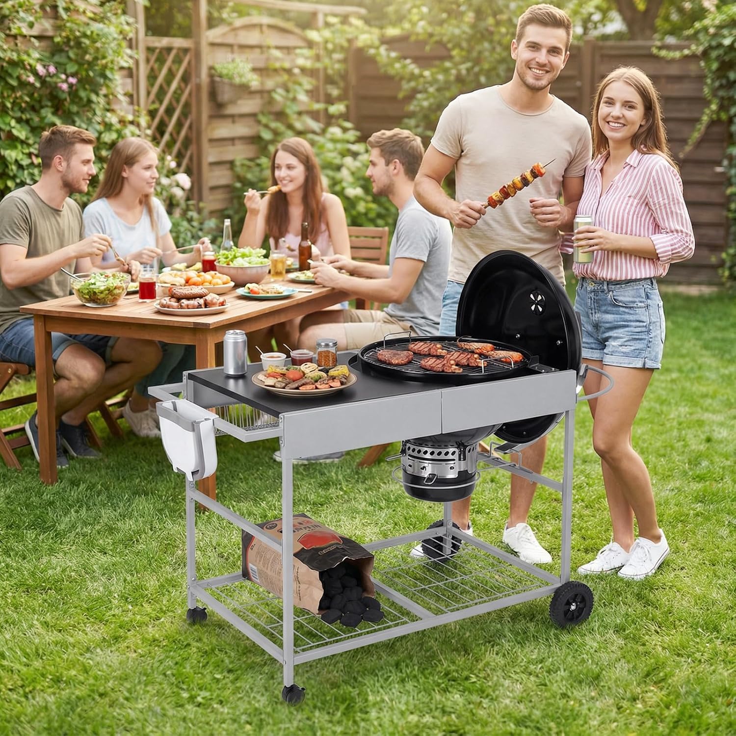 HAPPYGRILL Outdoor Grill Table for 18'& 22' Weber Original Kettle, Movable BBQ Grill Cart w/Wire Rack, Seasoning Rack & Garbage Can, Prep Kitchen Island w/Storage for Backyard Camping Picnic