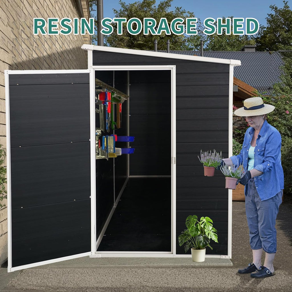 8x4FT Plastic Sheds & Outdoor Storage, Resin Shed with Floor, Plastic Storage Shed with Double Lockable Doors, Windows & Steel Frame, Lawn Mower Shed for Backyard/Garden Tools/Bike (8x4FT Single Door)