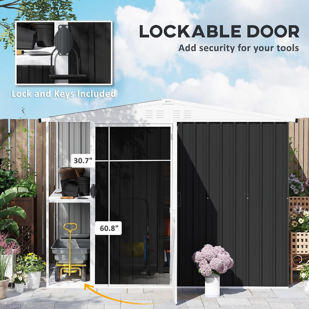 Outsunny 8 x 4ft Outdoor Storage Shed with Lock, 2-Tier Storage Rack, Air Vents, Garden Tool Shed for Backyard, Patio, Lawn, Dark Gray