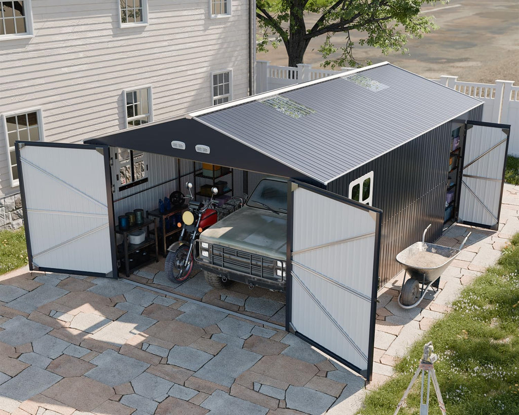 WACASA 13x20x8.3 FT Large Metal Garage Shed with Base Floor Kit, Ultra-Reinforced 18-Gauge Powder-Coated Steel Frame, 100 PSF Snow & 150 MPH Wind Rated, Skylight Dual-Entry Carport & Workshop