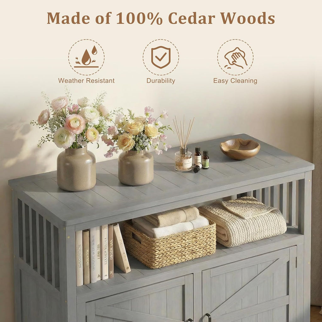 Mederlo Wooden Patio Bar Table with Storage, Cedar Outdoor Buffet Cabinet Sideboard, 42 x 18 x 37 in Serving Station with Double-Layer Tabletop for Patio, Deck, Backyard, Indoor