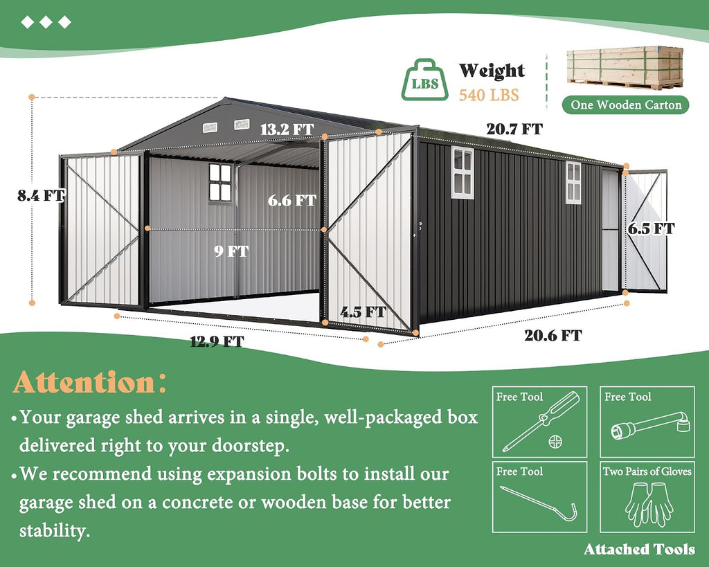 AMERLIFE 13x21x8.4 FT Heavy Duty Metal Garage Shed, Extra Large Outdoor Storage Shed with Double Hinged Doors & 4 Windows, Carport for Car, Boat, Truck and Equipment Storage, Dark Gray