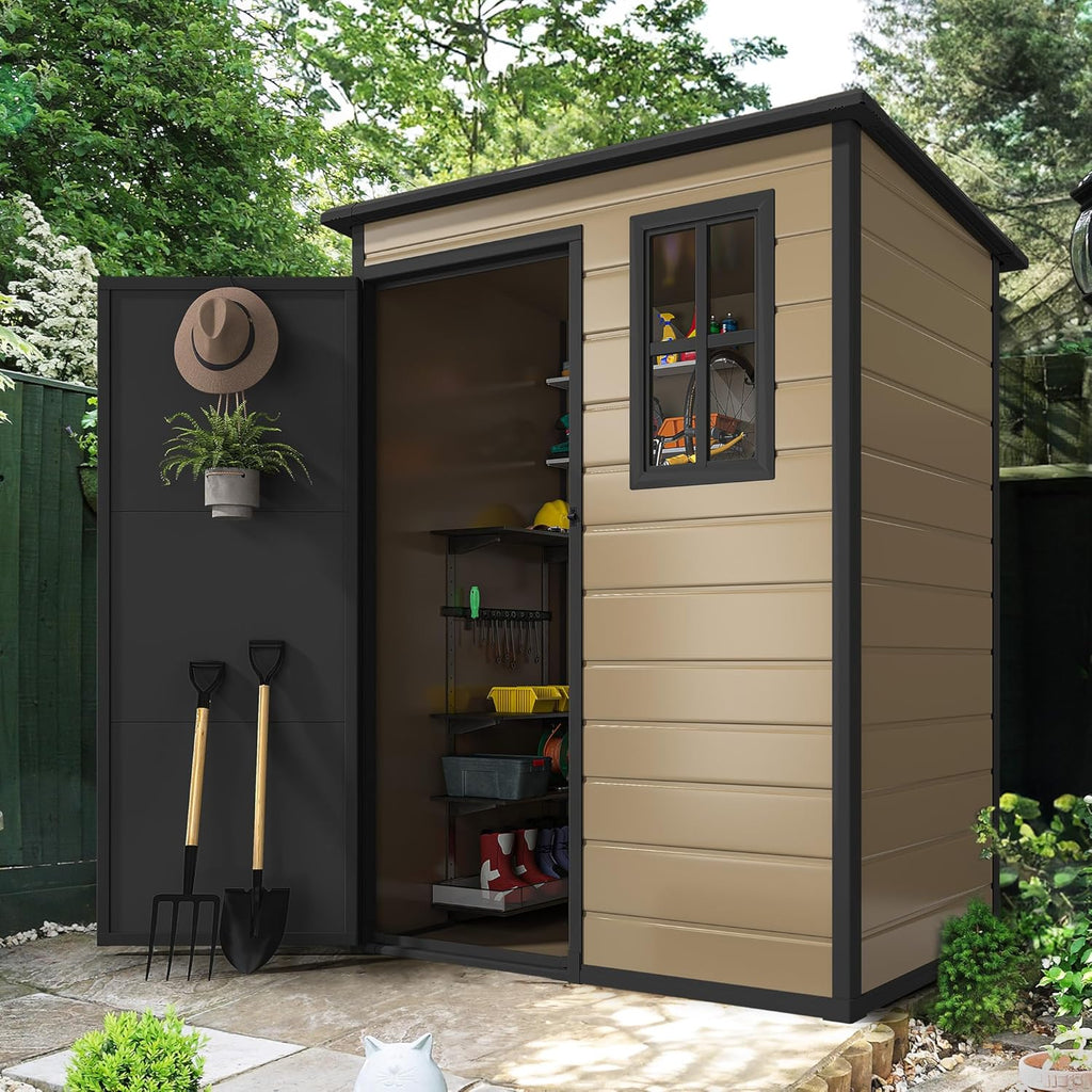DWVO 5x3 FT Outdoor Storage Shed with Floor, All-Weather Resin Storage Shed with Lockable Door & Window, Waterproof Plastic Tool Storage for Garden, Backyard, Patio, Lawn, Brown
