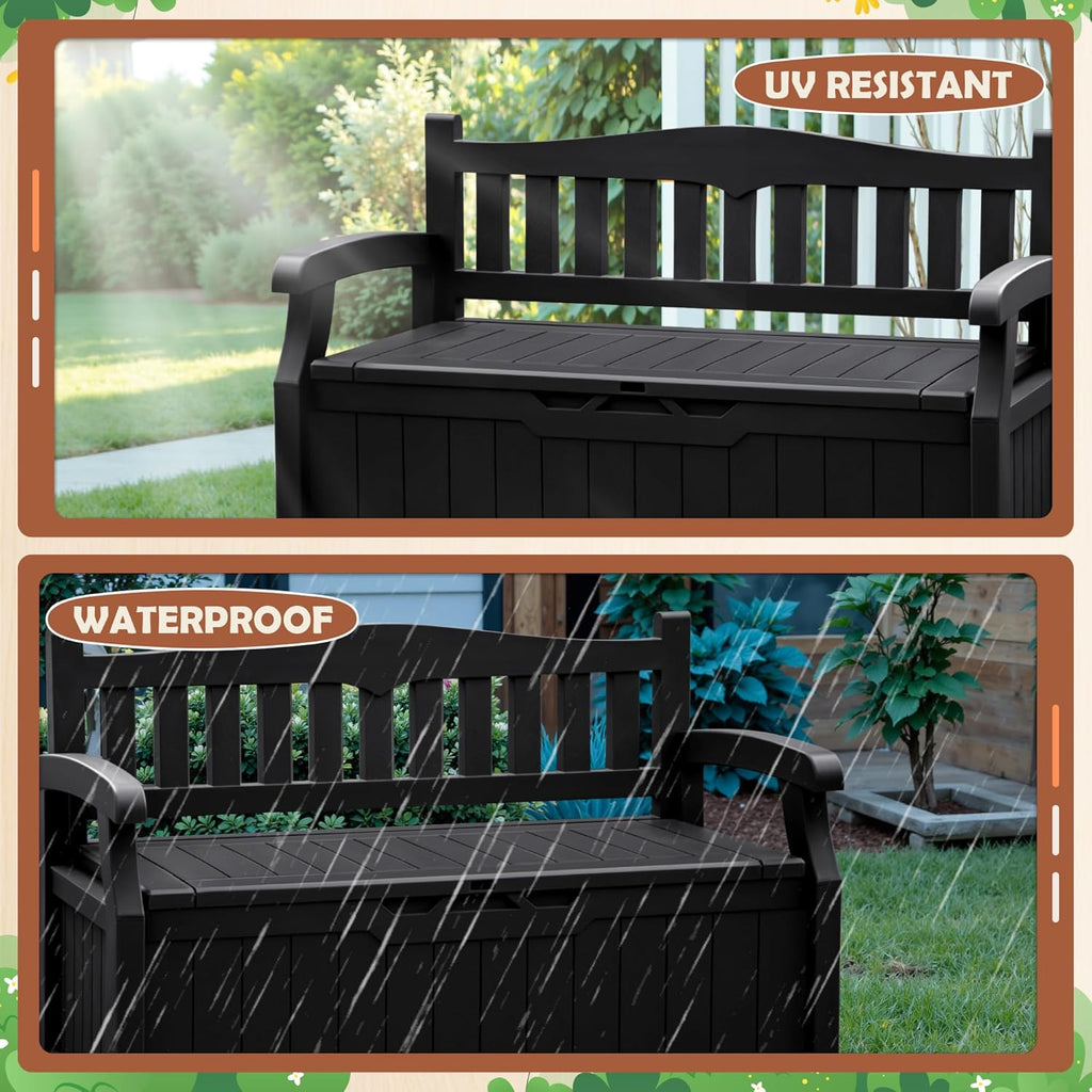 JUMMICO 80 Gallon Resin Outdoor Storage Bench, Large Deck Box with Armrest, Lockable&Waterproof for Garden, Home, Patio, Pools (Black, 80 Gallon)