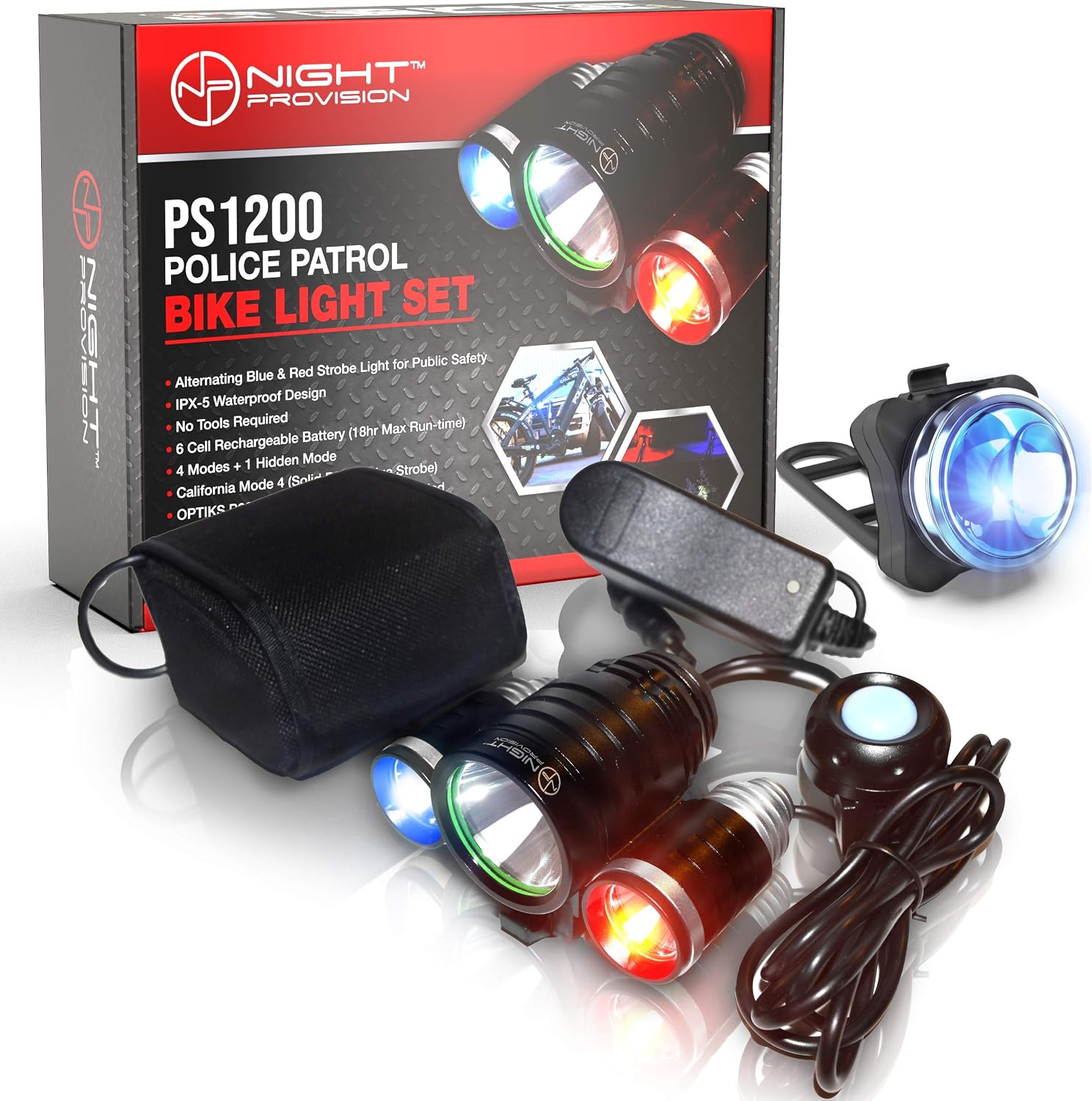 PS1200 Police Patrol Bike Light Set - Red/Blue Strobe LED - Rechargeable 18 Hr Max - Water Proof - 5 Modes - Heavy Duty Bicycle Lights for Professional Use