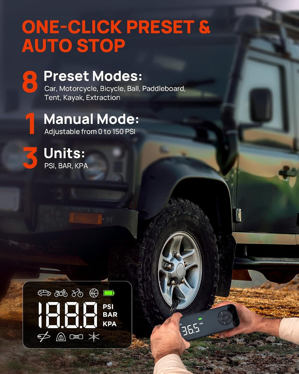 Paddle Board Pump - 150PSI Paddle Board Air Compressor, 4X Faster Electric Pump with 9 Modes, All-in-One Auto Air Pump for Car Tires, Motor Bike, Ball, SUP, Tent, Kayak, Float