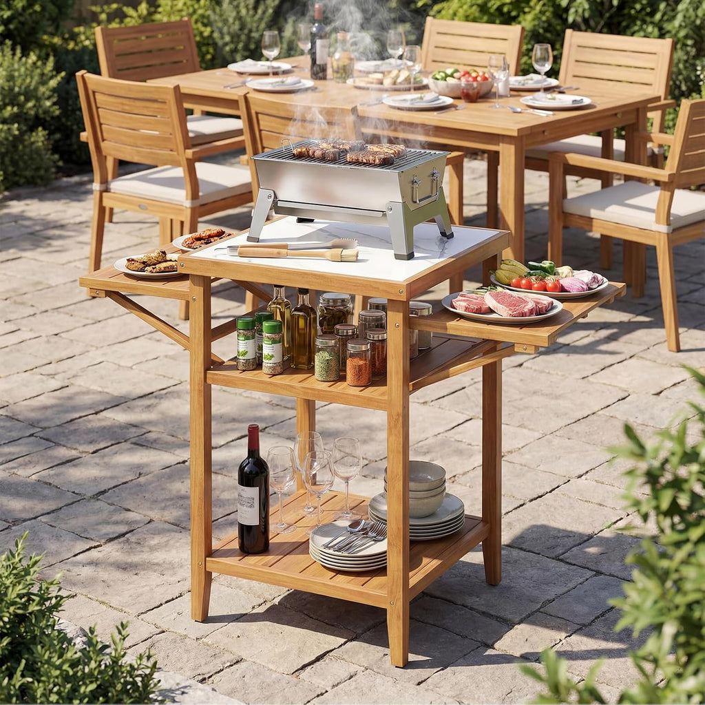 HAPPYGRILL Outdoor Wood Grill Table, Outside Kitchen Island & BBQ Prep Table w/Faux Marble Top, Drop-Leaf Side Panels & 2-Tier Open Shelves, Acacia Wood Pizza Oven Grill Cart for Patio Backyard Party