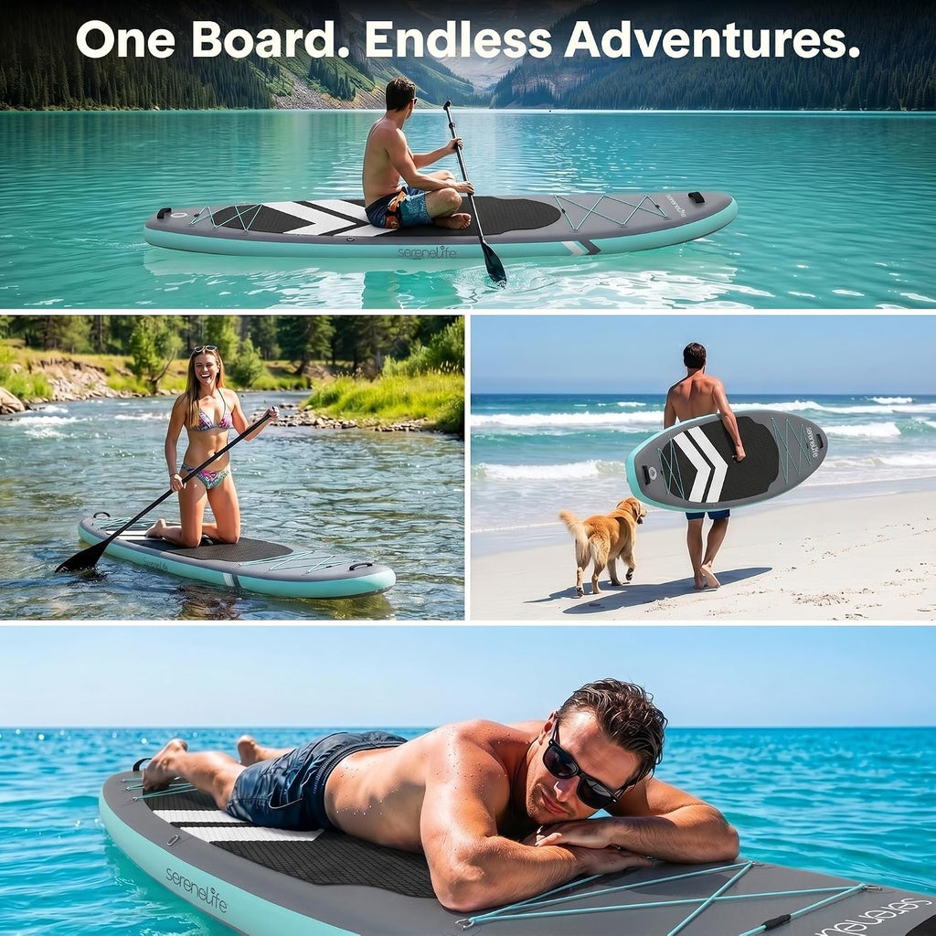 SereneLife Ultra-Light Inflatable Stand Up Paddle Board with Premium SUP Accessories - Extra Wide Stable Design with Non-Slip EVA Deck Pad for Youth and Adults of All Skill Levels - 350 lbs Capacity