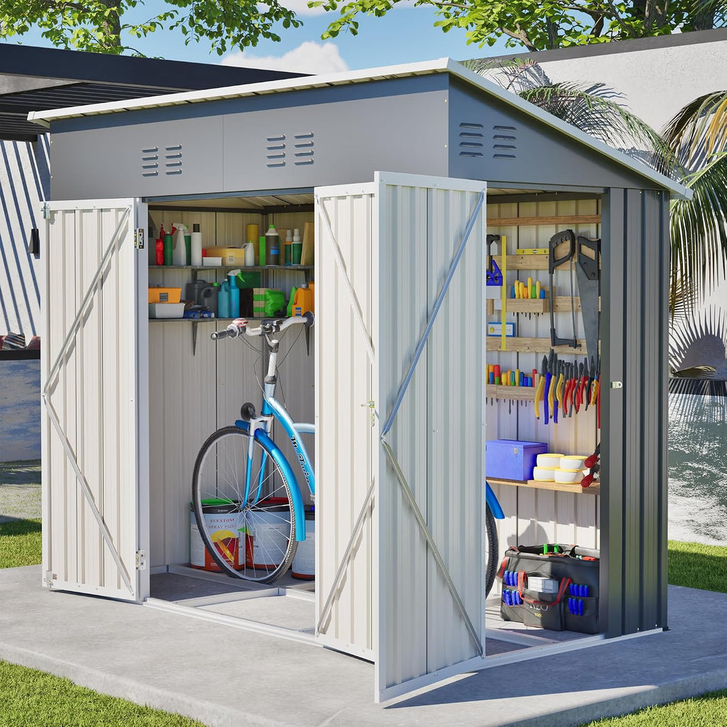 4' x 8' Metal Shed with Two Doors,Outdoor Lean to Storage Shed, Garden Tool Storage Cabinet for Backayrd, Patio and Outdoor Use,Grey