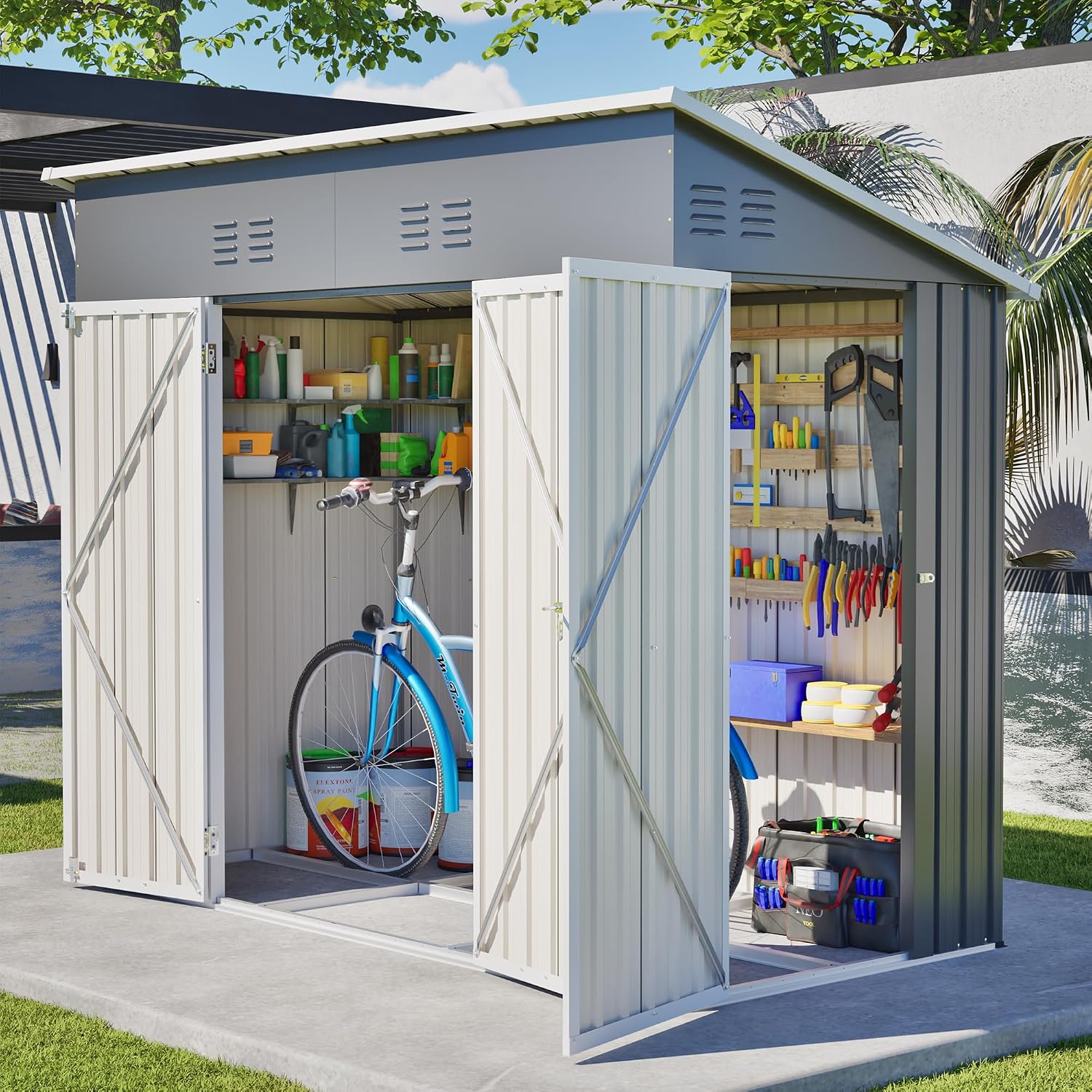 4' x 8' Metal Shed with Two Doors,Outdoor Lean to Storage Shed, Garden Tool Storage Cabinet for Backayrd, Patio and Outdoor Use,Grey