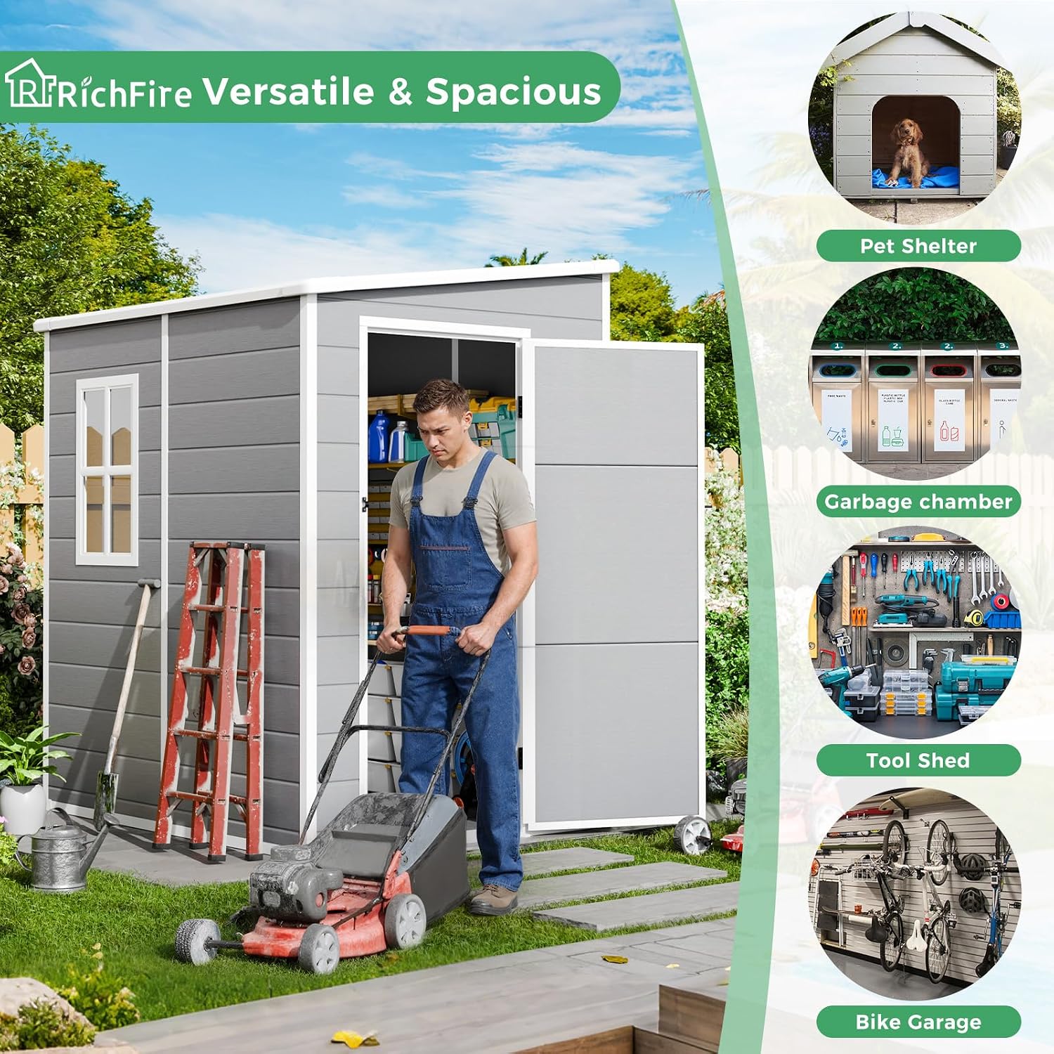 5x4 FT Plastic Outdoor Storage Sheds with Floor and Lockable Door, Compact Resin Outdoor Storage Cabinet Waterproof, Garden Shed/Tool Shed for Backyard, Patio, Grey