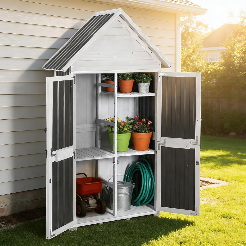 Outdoor Storage Shed with Metal and Wood Frame, Weatherproof Resin Panel and Roof Garden Sheds Garden Sheds with Adjustable Shelves, Tool House with Elevated Floor for Backyard Garden(Black)