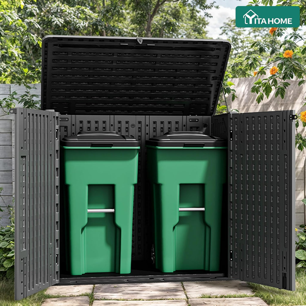 YITAHOME 30 Cu Ft Outdoor Storage Shed, Waterproof Storage Cabinet for Bike & Garden Shed, Horizontal Outdoor Storage Shed for Garage, Pool Storage, Dark Gray & Black
