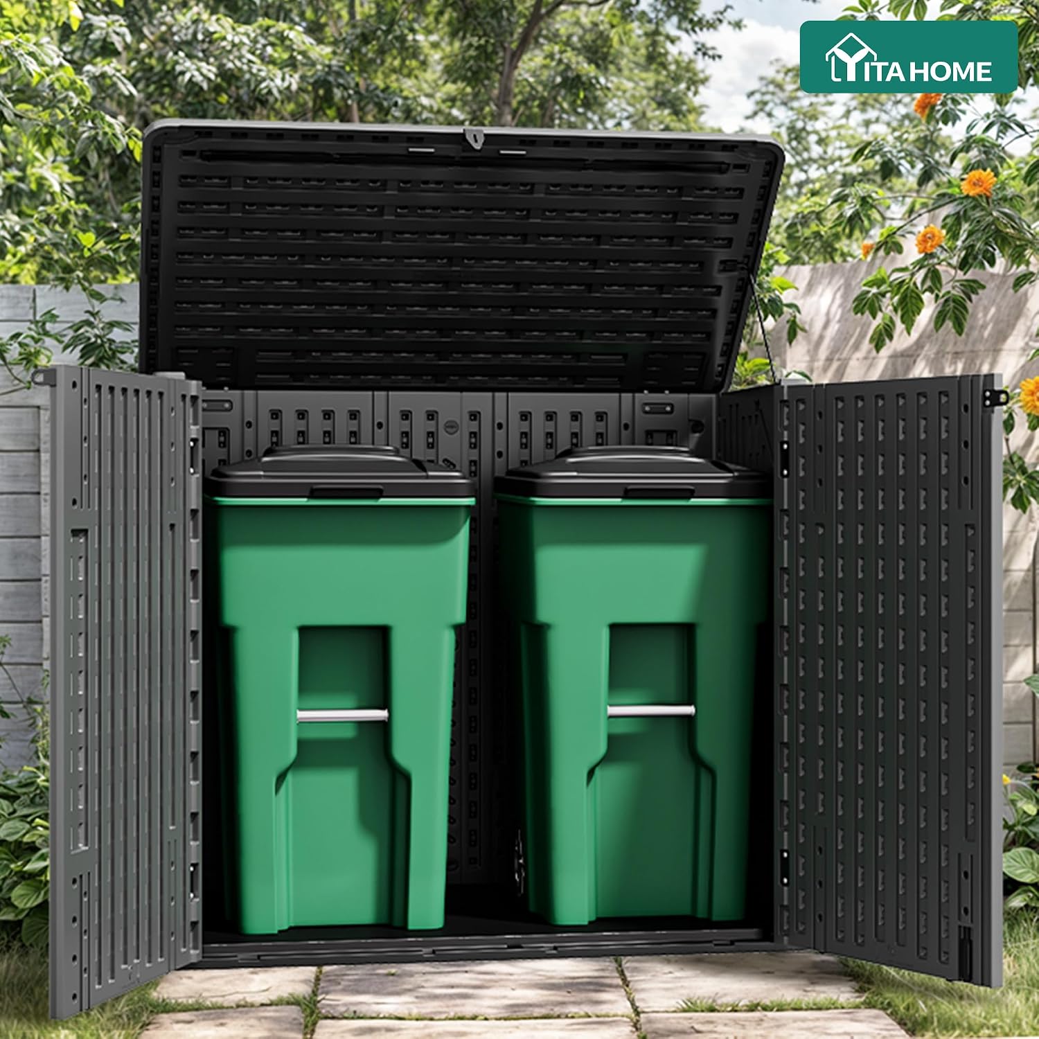 YITAHOME 30 Cu Ft Outdoor Storage Shed, Waterproof Storage Cabinet for Bike & Garden Shed, Horizontal Outdoor Storage Shed for Garage, Pool Storage, Dark Gray & Black