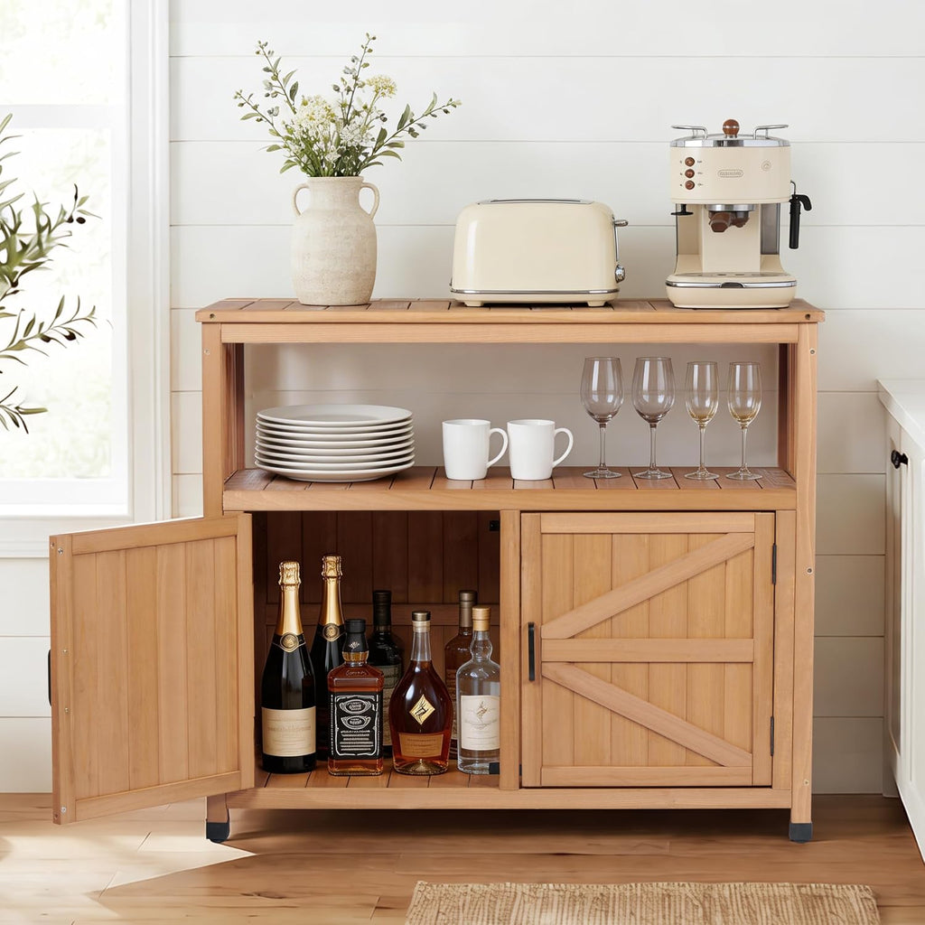 Mederlo Wooden Patio Bar Table with Storage, Cedar Outdoor Buffet Cabinet Sideboard, 42 x 18 x 37 in Serving Station with Double-Layer Tabletop for Patio, Deck, Backyard, Indoor