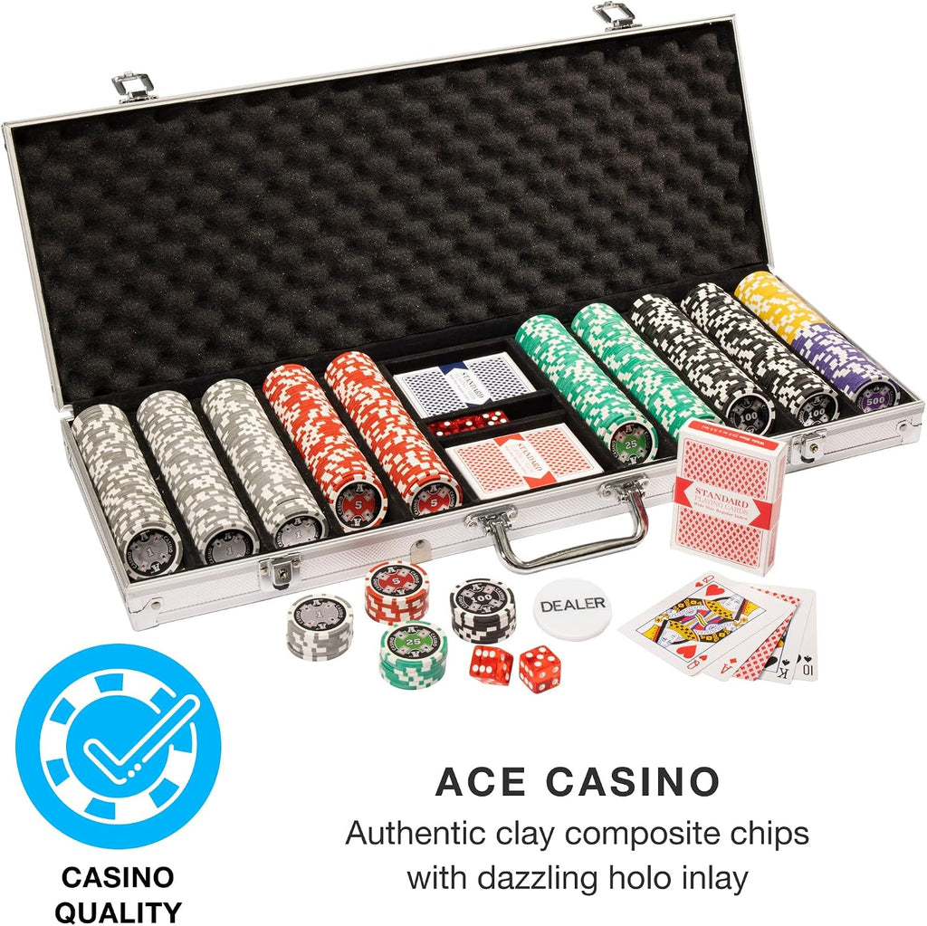 Brybelly 14 Gram 500 Count Poker Set - Ace Casino - 14G Clay Composite Chips with Aluminum Case, Playing Cards, Dealer Button for Poker, Texas Hold'em, Blackjack, Casino Games at Home