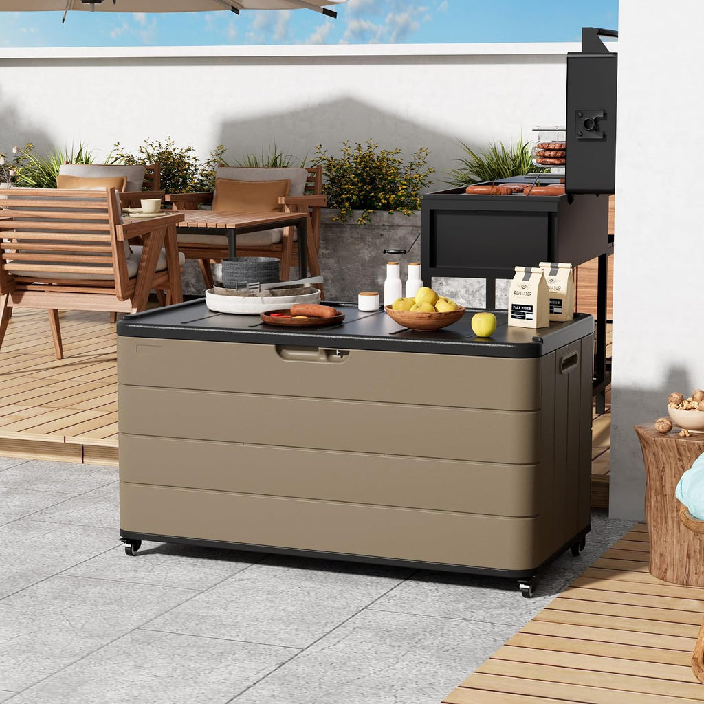Mrosaa 110 Gallon Deck Box Waterproof with Wheels - Mobile Double-Wall Resin Outdoor Storage Box for Patio, Pool, & Garden - Lockable Deck Storage for Cushions, Pool Floats, Boat Slip (Brown)