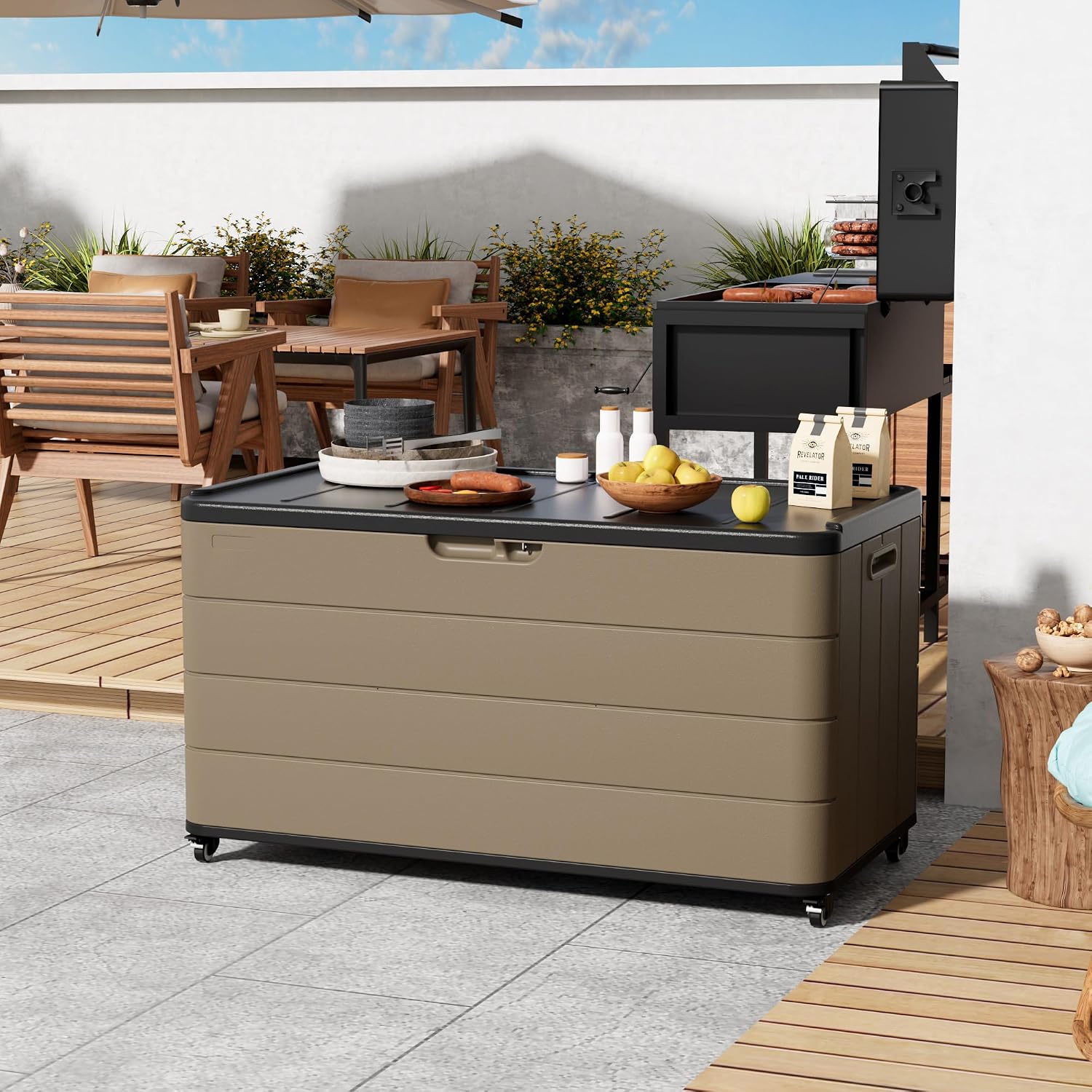 Mrosaa 110 Gallon Deck Box Waterproof with Wheels - Mobile Double-Wall Resin Outdoor Storage Box for Patio, Pool, & Garden - Lockable Deck Storage for Cushions, Pool Floats, Boat Slip (Brown)