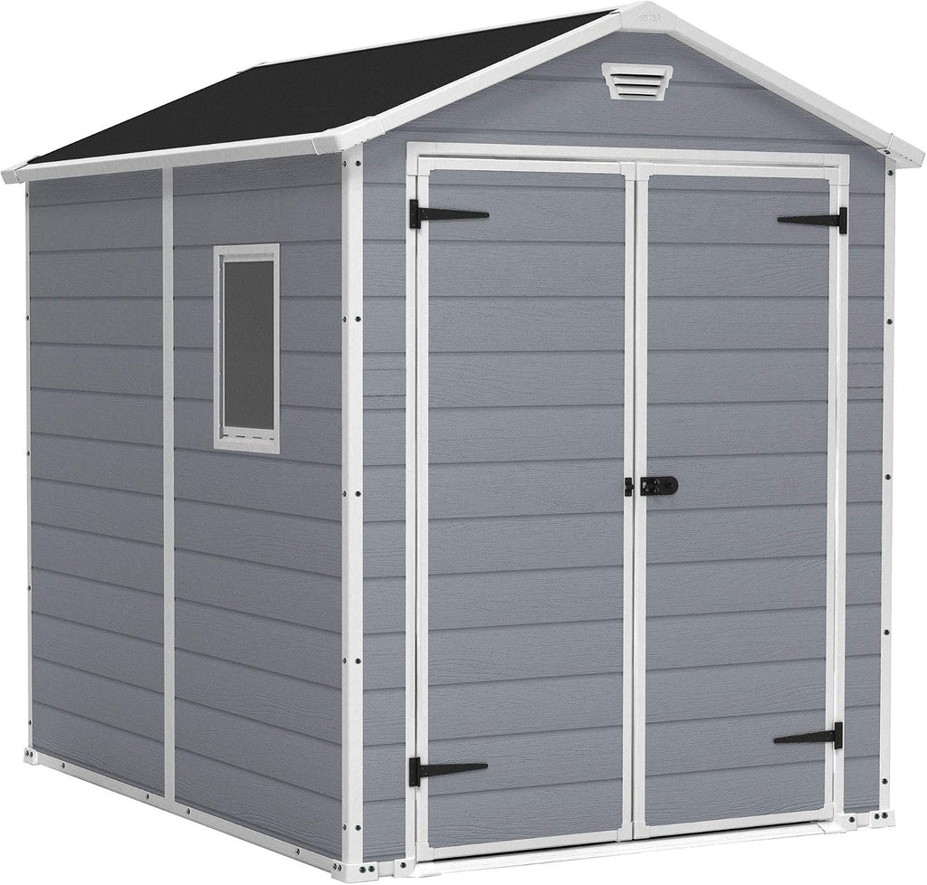 Keter Manor 6x8 Foot All Weather Garden Tool Outdoor Storage Shed with Lockable Double Doors, Fixed Window and Wood-look Resin Walls, Grey