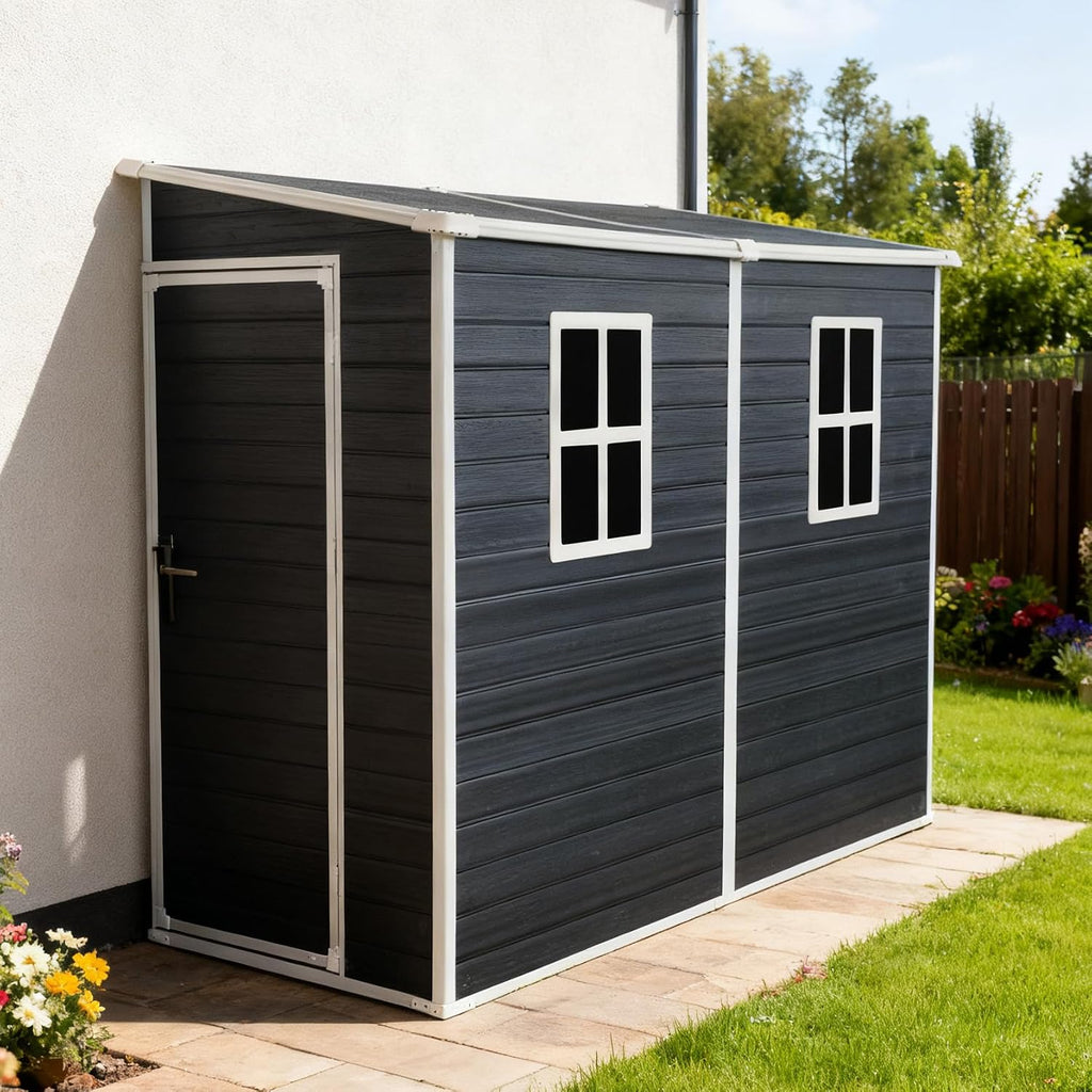 4'x8' Lean to Shed, Resin Storage Sheds Outdoor with Floor Included, Plastic Sheds & Outdoor Storage Clearance with 2 Windows, Backyard Storage Sheds for Garden Tools, Bicycle