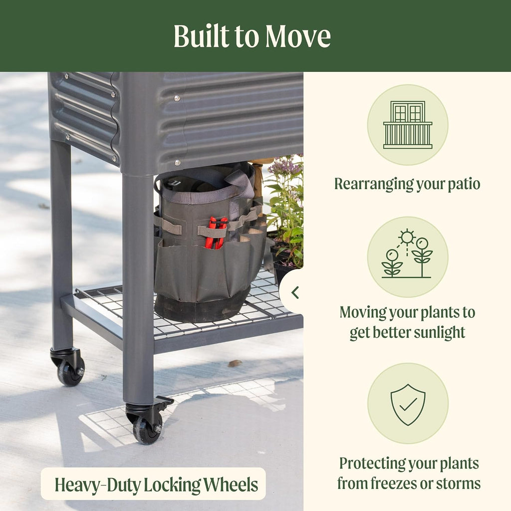 Rolling Elevated Raised Garden Bed - Slim Series, 1.5' x 3.5' Outdoor Planters Boxes with Legs & Storage Rack for Patio, 500 Lbs Weight Capacity, Raised Beds for Gardening Herbs Flowers, Modern Gray