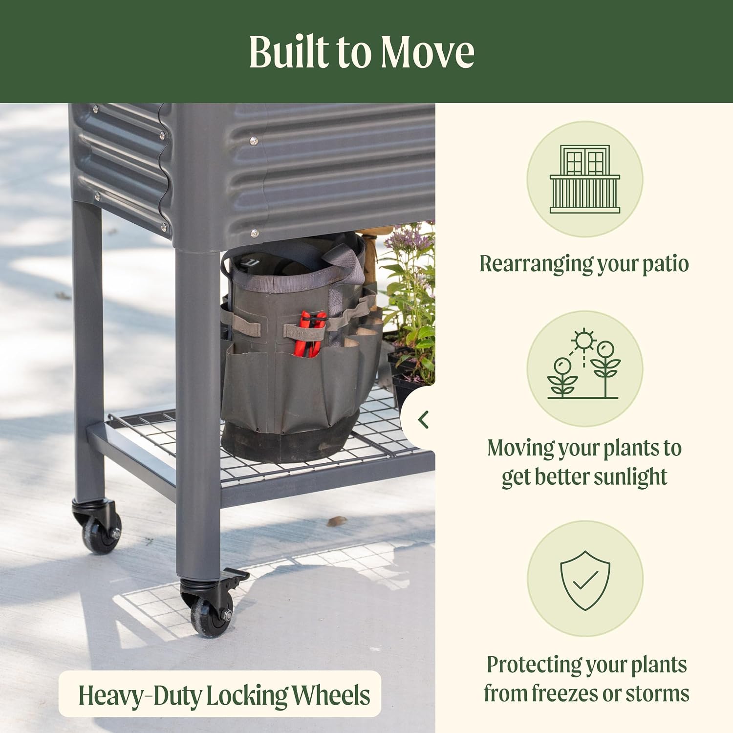 Rolling Elevated Raised Garden Bed - Slim Series, 1.5' x 3.5' Outdoor Planters Boxes with Legs & Storage Rack for Patio, 500 Lbs Weight Capacity, Raised Beds for Gardening Herbs Flowers, Modern Gray