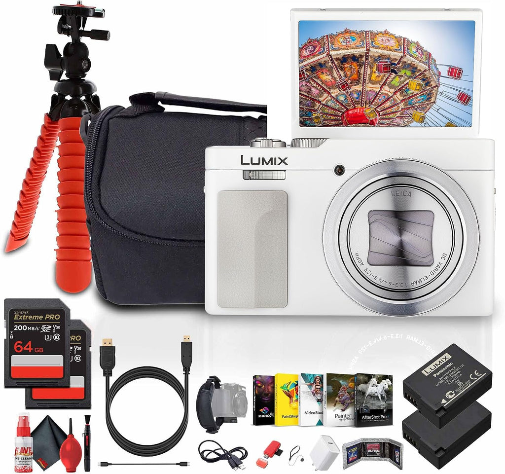 Panasonic TZ99 / ZS99 Point and Shoot Compact Travel Digital Camera (White) (DC-TZ99E-S) + Photo Software + 2 x 64GB Card + DMW-BLG10 Battery + Camera Bag + Flexible Tripod + USB-C Cable + More