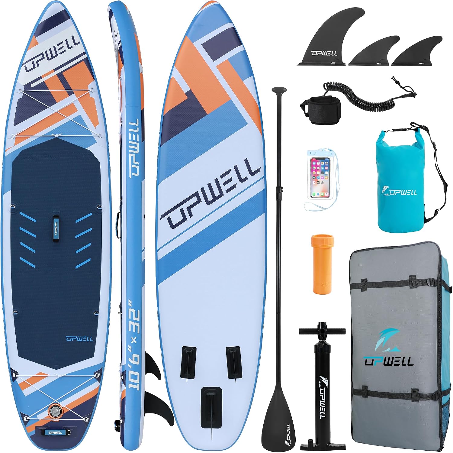UPWELL 11'6'/11'2'/11'/10'8'/10'6'/10'2' Inflatable Stand Up Paddle Board with sup Accessories Including Backpack, Repairing Kits, Non-Slip Deck, Leash, 3 Fins, Paddle and Hand Pump