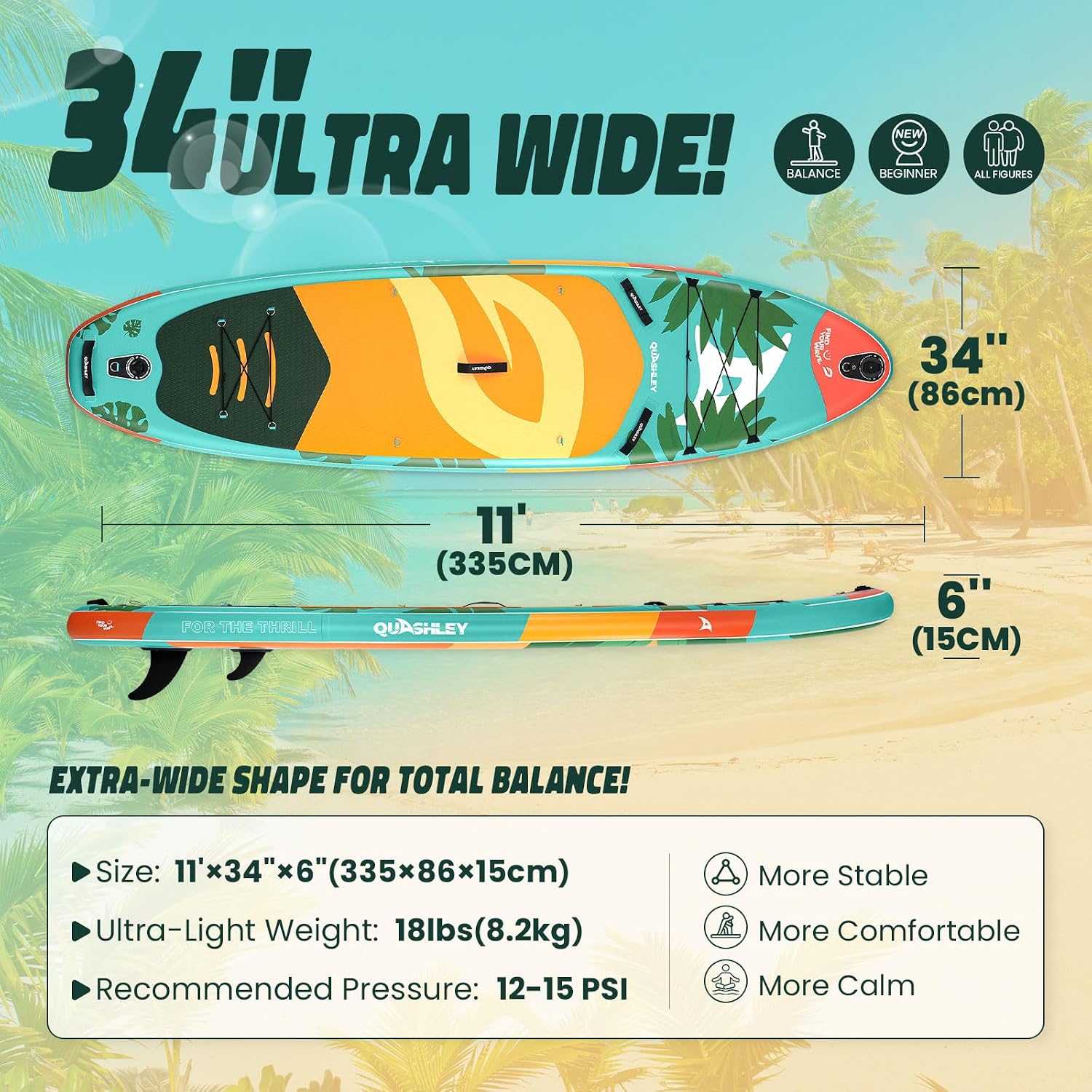 Quashley Inflatable Paddle Board Extra Wide Stand Up Paddleboards 11'×34' with All Premium Paddle Board Accessories,Inflatable SUP for Adults/Family,Beginner-Friendly,Removable Fin,Hand Pump