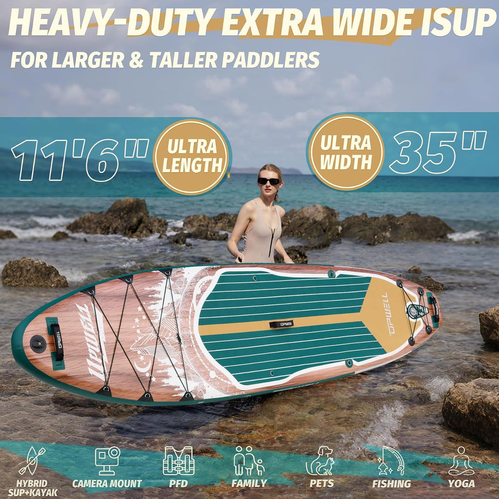 UPWELL 10'6'/11'/11'6' Inflatable Paddle Board, Stand Up Paddlboard for Youth & Adults, Stable Design, Premium SUP Accessories, Backpack, Leash, Hand Pump, Fins
