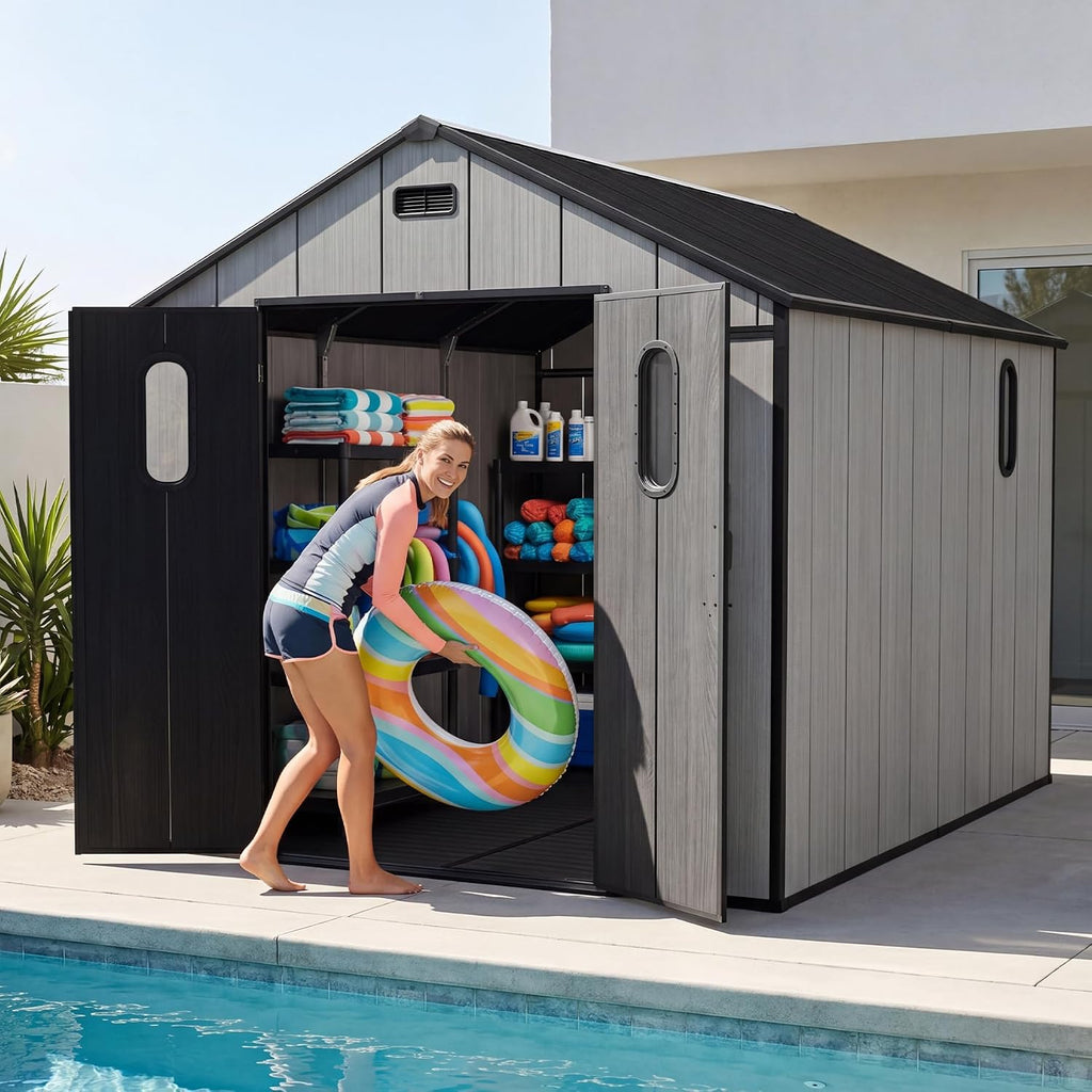 Domi 8x10Ft Resin Outdoor Storage Shed with Floor, Plastic Garden Storage Shed, Outside Weatherproof Storage Building for Tools, Bike, Lawn Mower, Patio, Backyard
