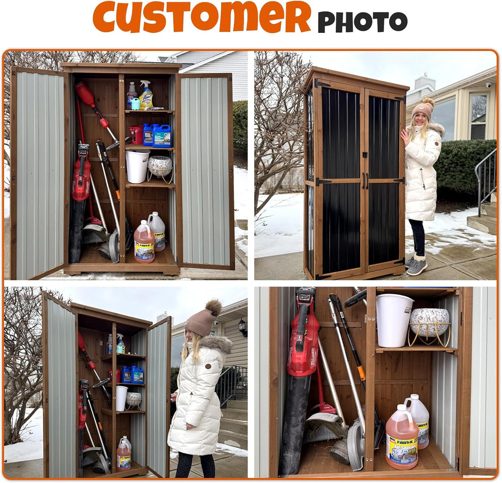 Outdoor Storage Cabinet with Shelves, Wood & Metal Storage Shed with Weatherproof Roof, Lockable Doors, Adjustable Feet, Outside Storage Cabinet for Garage, Patio (15.6' D x 32.3' W x 65.8' H)