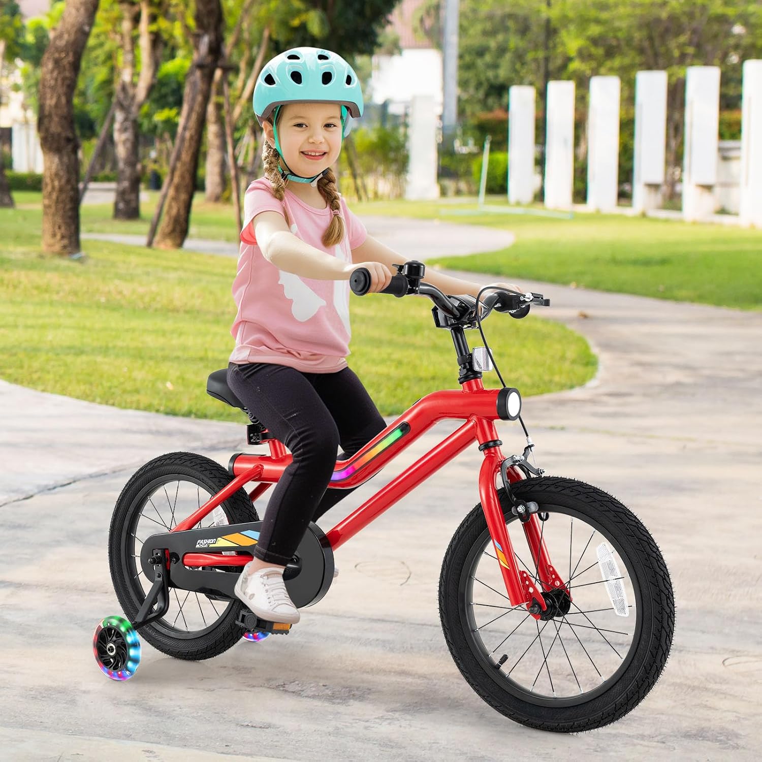 BABY JOY Lighted Kids Bike, 16 18 Inch Children Bicycle with 7-Mode LED Lighted Frame, Headlight, Flash Training Wheels, Dual-Brake, 95% Pre-Assembled, Girls Boys Bike for 4-8 Years