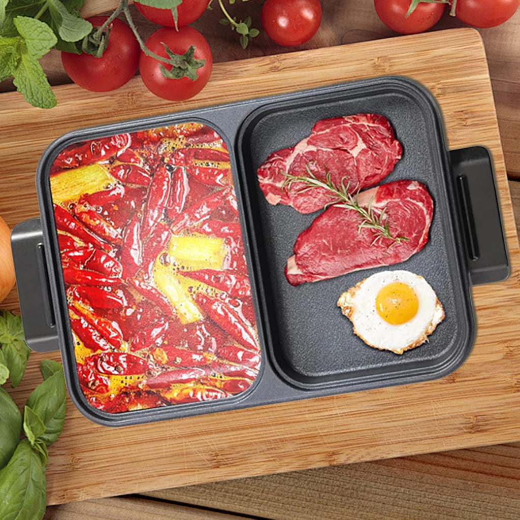 Hot Pot Electric with Grill, 2 in1 Indoor Non-Stick Shabu Shabu Pot & Frying Pan, Portable Mini Hot Pot Korean BBQ w/Individual Dual Temperature Control, 1-3 People