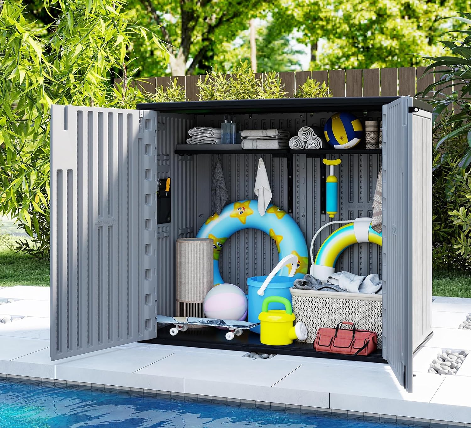 ZZM 37 Cu.ft Outdoor Storage Shed with Floor HDPE Double-Wall Resin Sheds Outdoor Storage, Lockable Weatherproof Storage Cabinet Fit for Garden Tools, Garage can, Bike, Patio Furniture, Grey