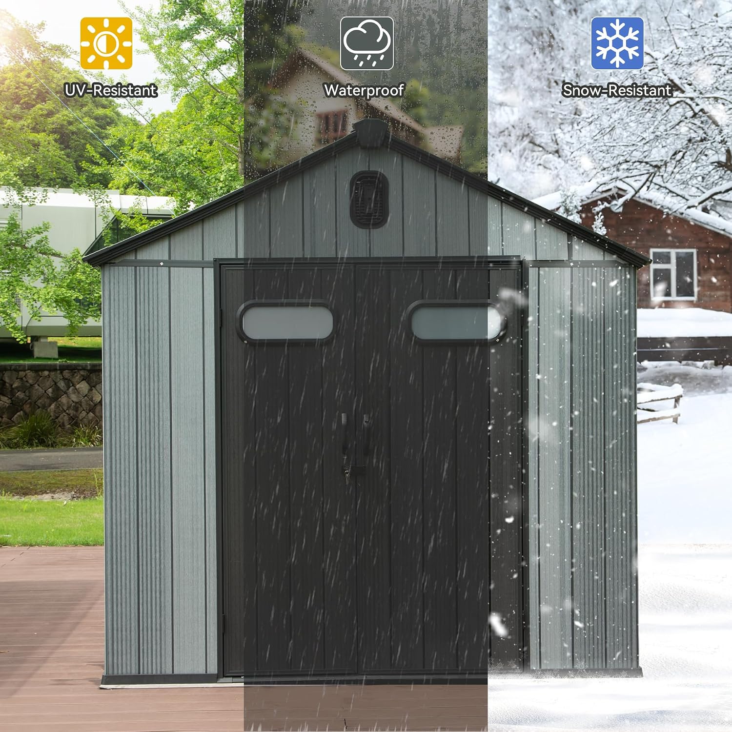 8X8FT Outdoor Resin Storage Shed, Waterproof Plastic Garden Shed with Lockable Door, Windows & Vents, Outside Storage Tool Shed for Patio Furniture, Lawn Mower, Bike