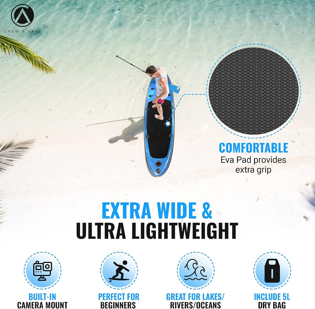 Crew Axel Inflatable Paddle Board 10'33'6' Extra Wide & Lightweight (18lb) Paddle Board – Premium SUP Set Includes 2 Bags, Floating Paddle, Camera Mount, 3 Fins, Dual Pump Kit