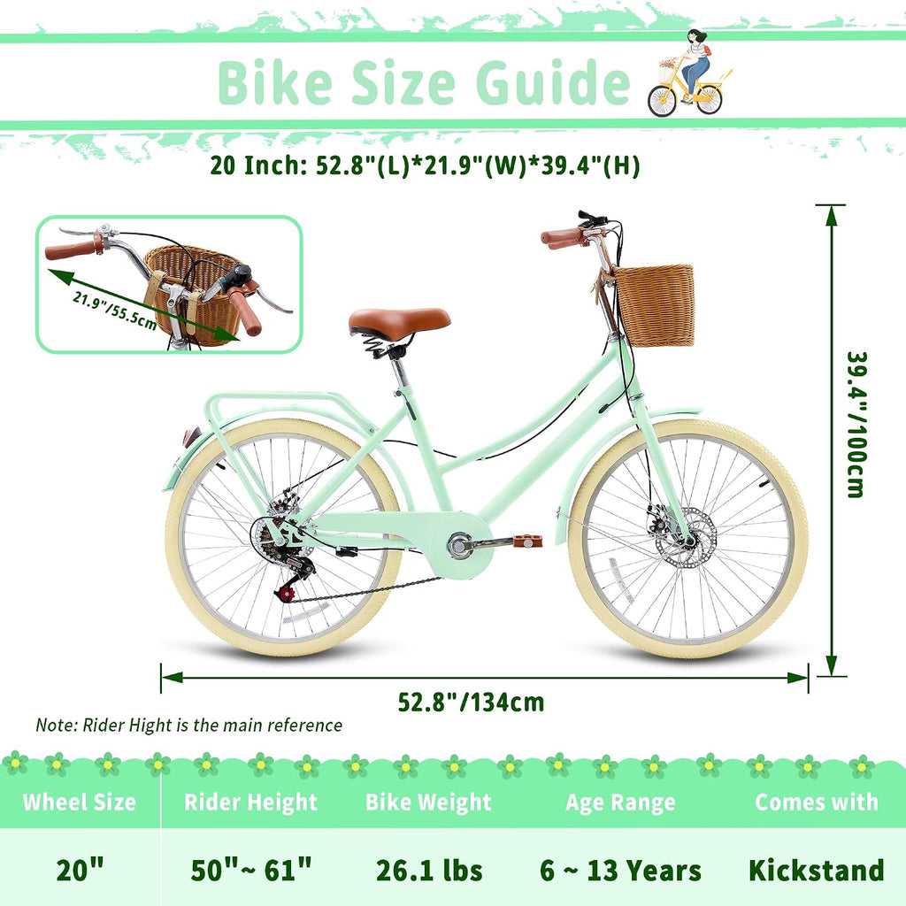 DEYGIA Kids Bike, Retro Cruiser Bike for Girls, 20 24 Inch 7-Speed Kids Bicycles for Ages 6-14 Girls Youth with Rattan Basket, Dual-Disc Brake Carbon Steel Frame Lightweight Bicycle, Multiple Colors