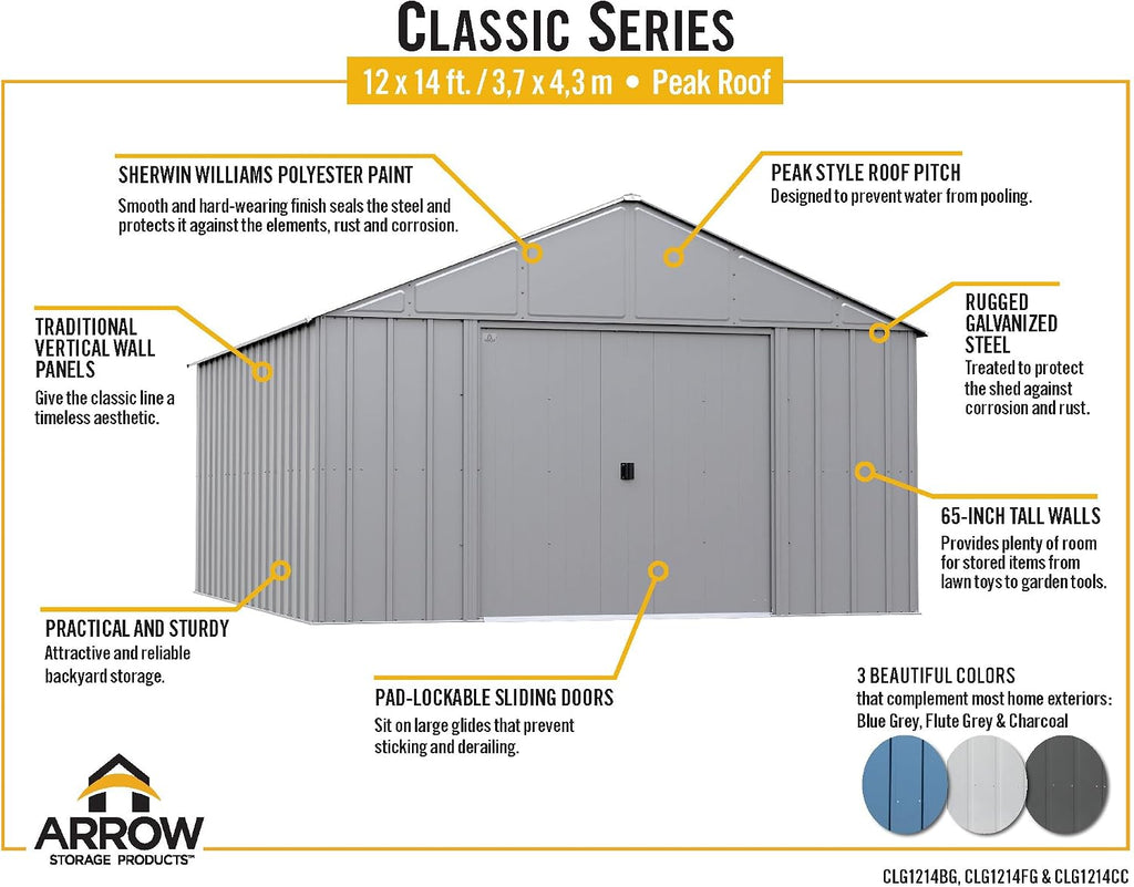 Arrow Classic Metal Shed, 12 x 14, Blue Grey