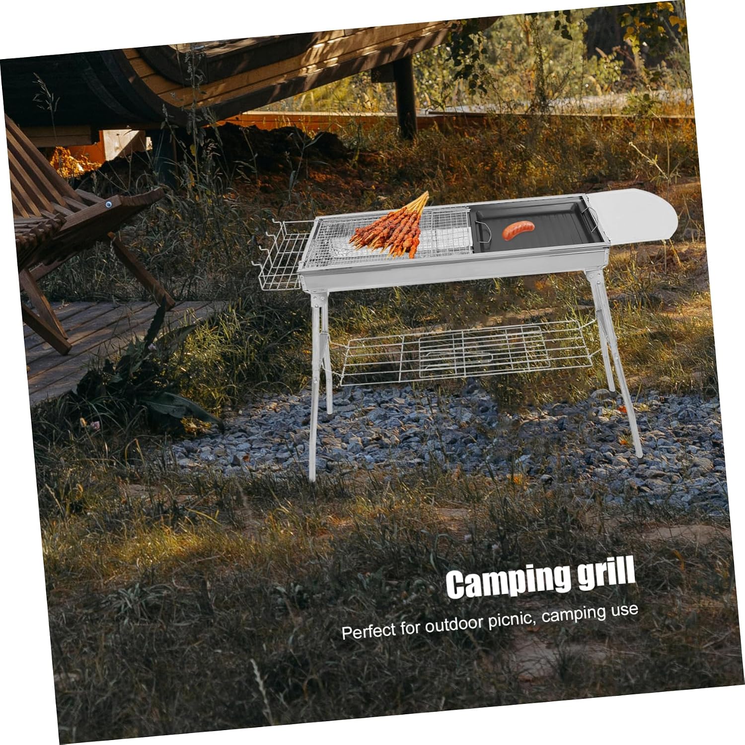 Yardwe 1Set Portable Bbq Grill with Detachable Mesh Net and Pan Barbecue Rack for Camping and Outdoor Picnics Easy to Clean Durable Safe Bbq Tool