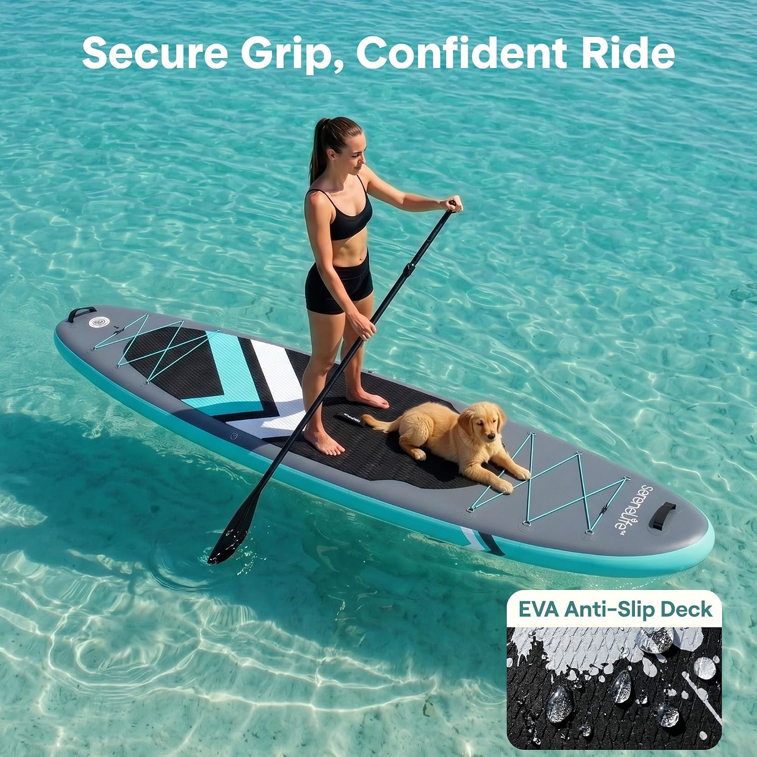 SereneLife Ultra-Light Inflatable Stand Up Paddle Board with Premium SUP Accessories - Extra Wide Stable Design with Non-Slip EVA Deck Pad for Youth and Adults of All Skill Levels - 350 lbs Capacity