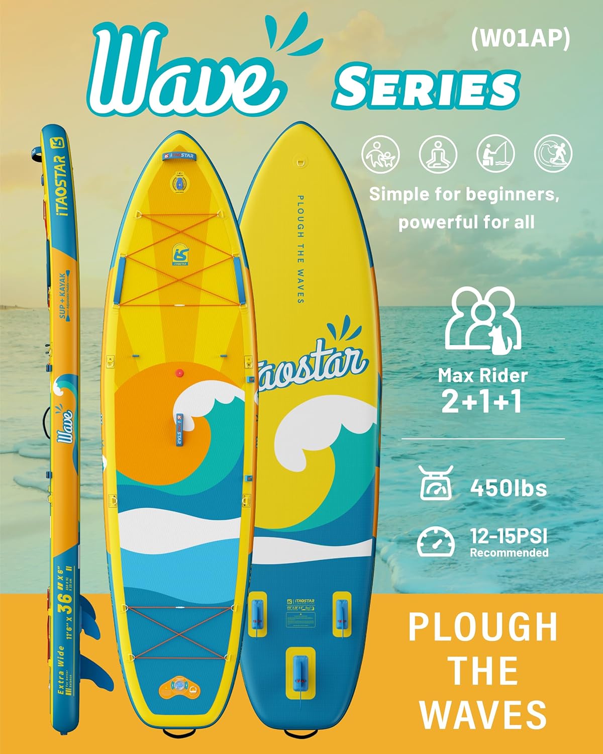 iTAOSTAR Billow 11'6'×36' Extra Wide Paddle Board with Seat, One-Stop Premium SUP Board Accessories, Tailored Fins, Stable Inflatable Stand Up Paddle Boards for Youth/Adults of All Skill Levels