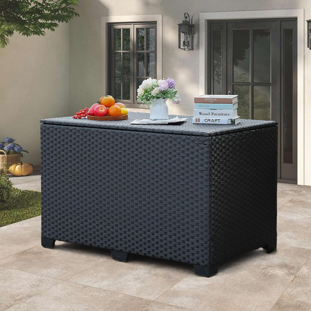 Rattan Star 140 Gallon Patio Storage Bin Wicker Outdoor Storage Box Waterproof Lining Bag Large Deck Box and Cushion Storage Bin Outdoor, Black Wicker