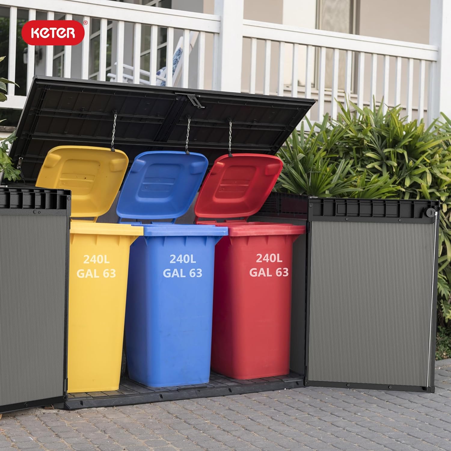Keter Premier Jumbo 6.2 x 4.3 ft Outdoor Resin Horizontal Storage Shed for Garbage Bins, Yard Tools & Garden Equipment, All‑Weather, Lockable Outdoor Storage