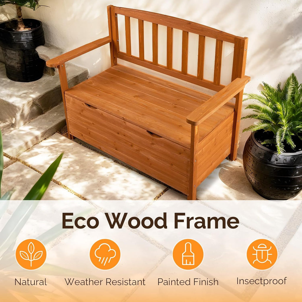 VINGLI Outdoor Storage Bench, Large Wood Deck Box with Seating, Weatherproof Outdoor Bench with Storage Loveseat, 2-Person Wooden Patio Bench for Entryway, Backyard, Garden