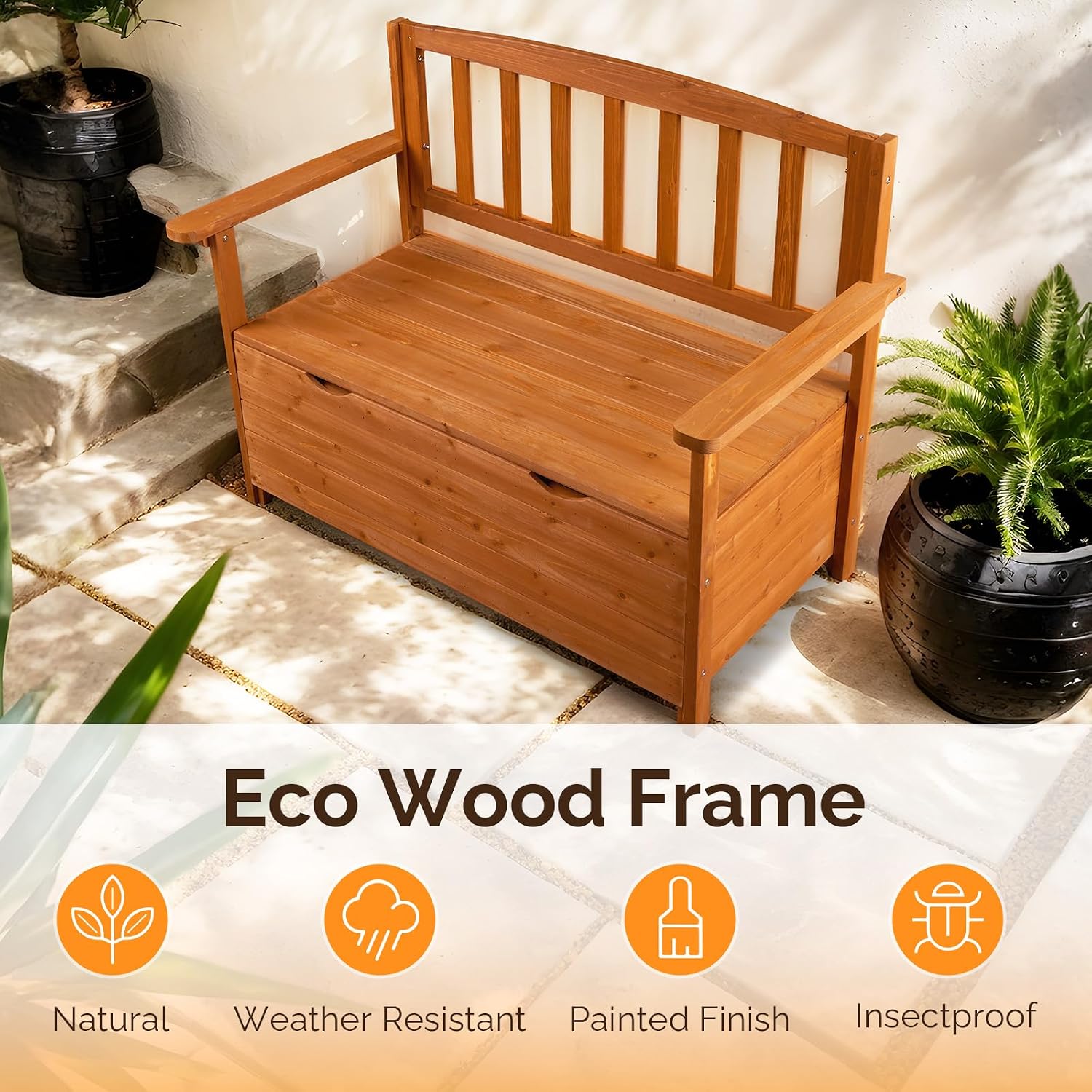 VINGLI Outdoor Storage Bench, Large Wood Deck Box with Seating, Weatherproof Outdoor Bench with Storage Loveseat, 2-Person Wooden Patio Bench for Entryway, Backyard, Garden