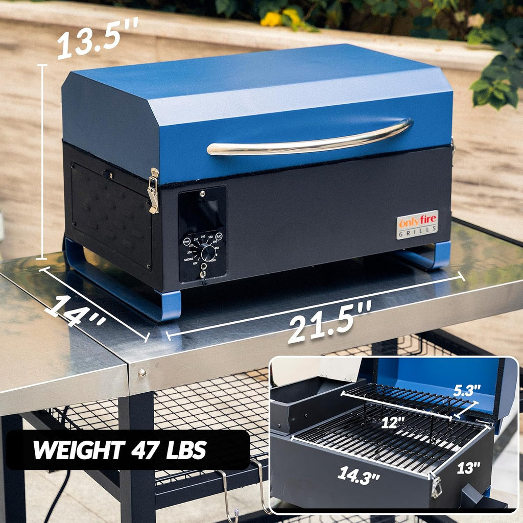 ONLYFIRE GRILLS BBQ Wood Pellet Grill Smoker with Digital Control, Meat Probe & 2 Tiers Cooking Area, Portable Tabletop Grilling Stove for BBQ, Smoke, Bake and Roast, RV Camping, Blue GS313