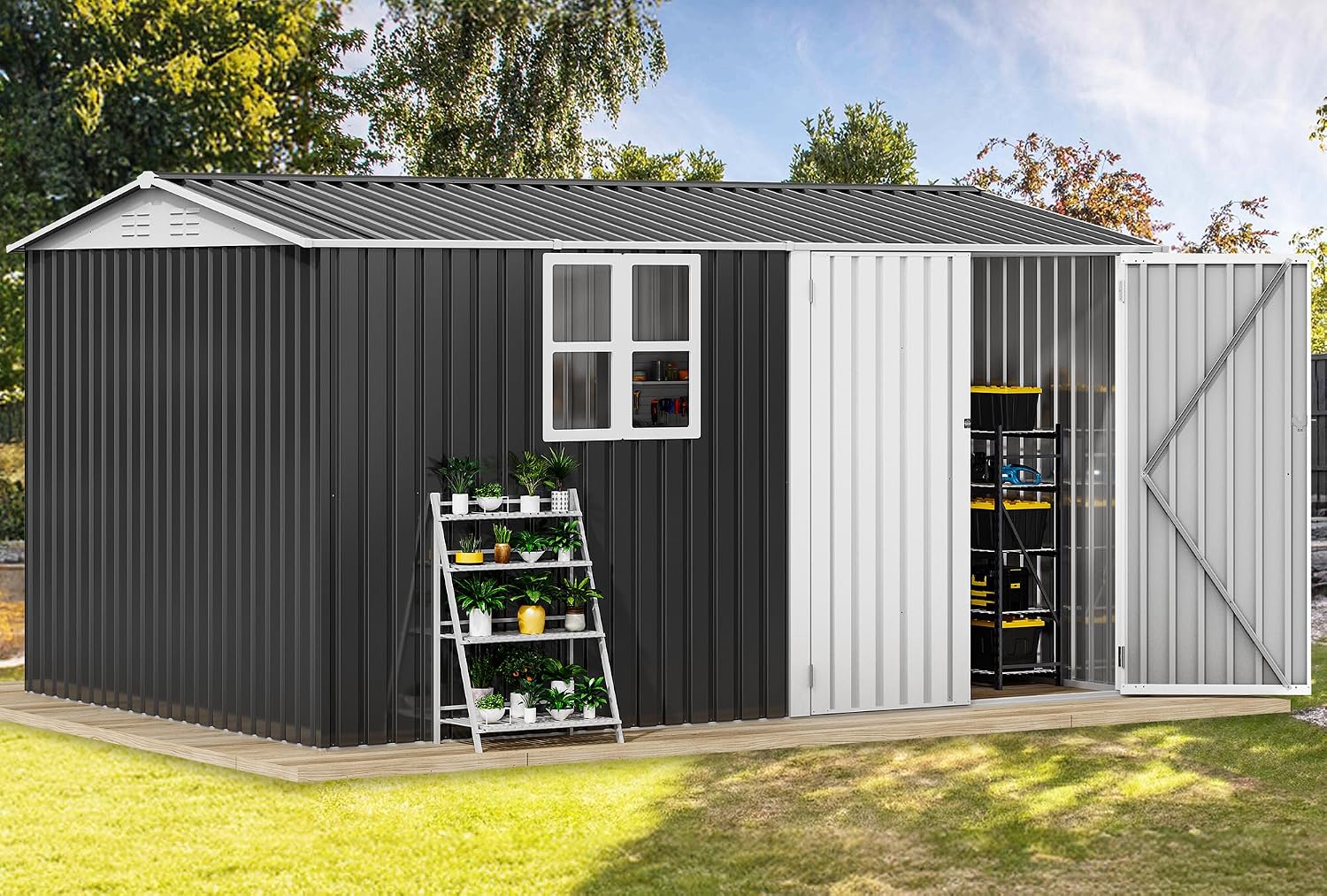 DWVO 12' x 8' Outdoor Storage Shed, Waterproof Metal Garden Shed with Windows, Lockable Doors, and Sloped Roof for Patio, Backyard, Lawn, Tool Storage, Bike Shed, Pet Shelter (Gray + White)