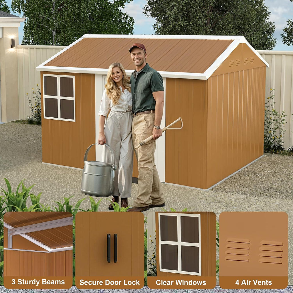 8x10 FT Heavy-Duty Metal Tool Shed with Windows, Lockable Door & Ventilation, Weatherproof Outdoor Garden Storage Shed for Backyard, Lawn, and Tool Organization, Brown